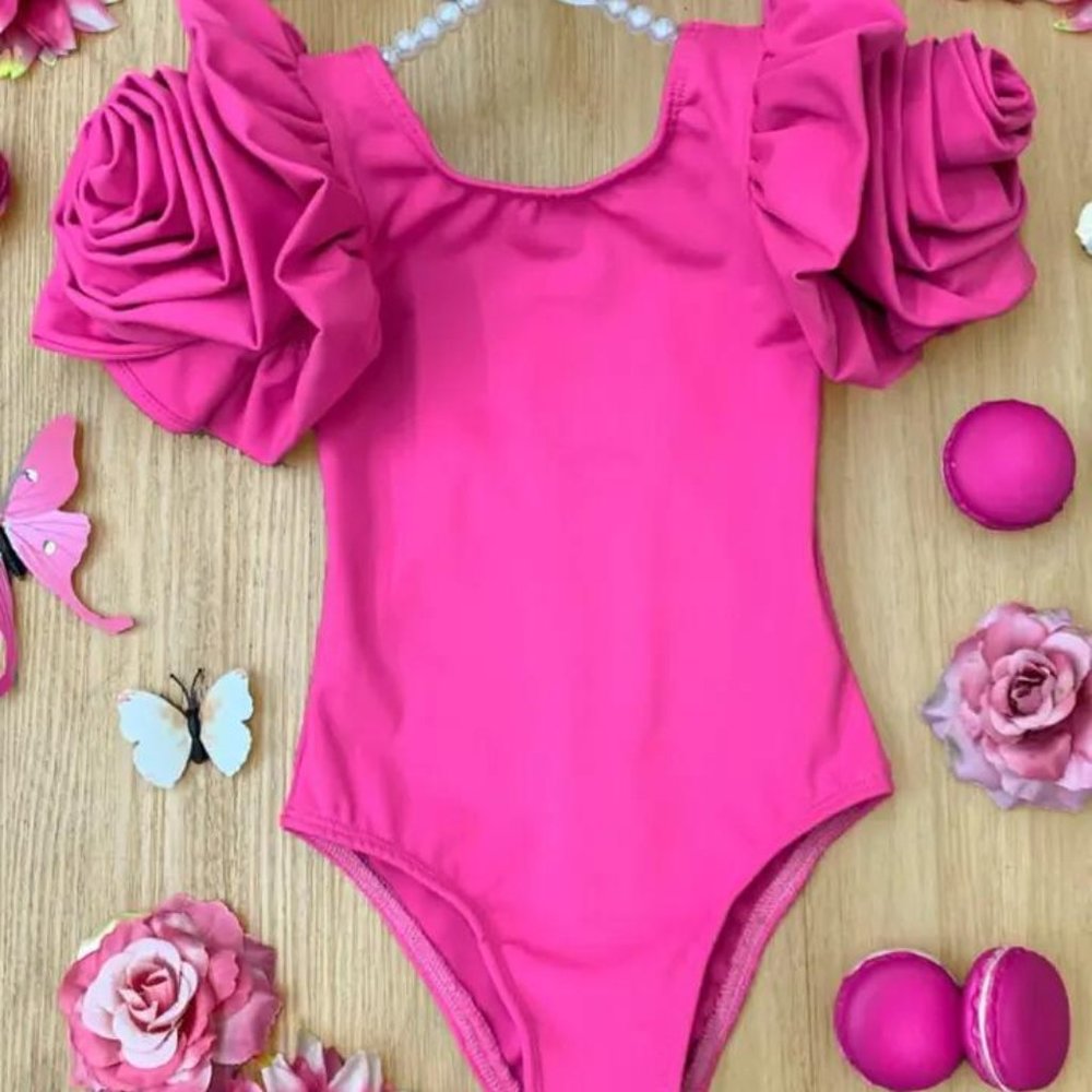 Hot pink rose sleeve one piece swimsuit